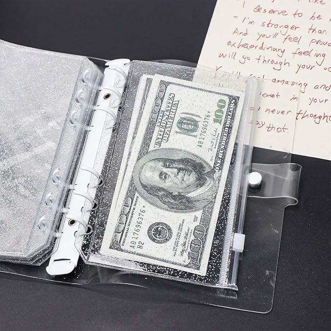 10pcs A6 Cash Stuffing Envelopes Zipper Binder Pockets Clear Glitter PVC 6 Hole Zip Sleeves Loose Leaf Pouches for 6 Ring Binder Planner (A6 4.17" x 6.85")