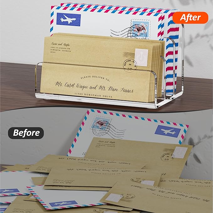 Mail Organizer Countertop, 3 Section Clear Acrylic Small File Holders Letter Organizer for Desk, Modern Filing Accessories for Document, Office, Home, School