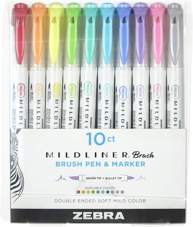 Zebra Pen, Mildliner Dual-Ended Brush Pens, 10 Assorted Colors, Brush and Fine Tips, Soft Mild Ink with No Bleed-Through, Water-Resistant Ink for Journaling, Calligraphy, Planners, 10-Pack (79101)