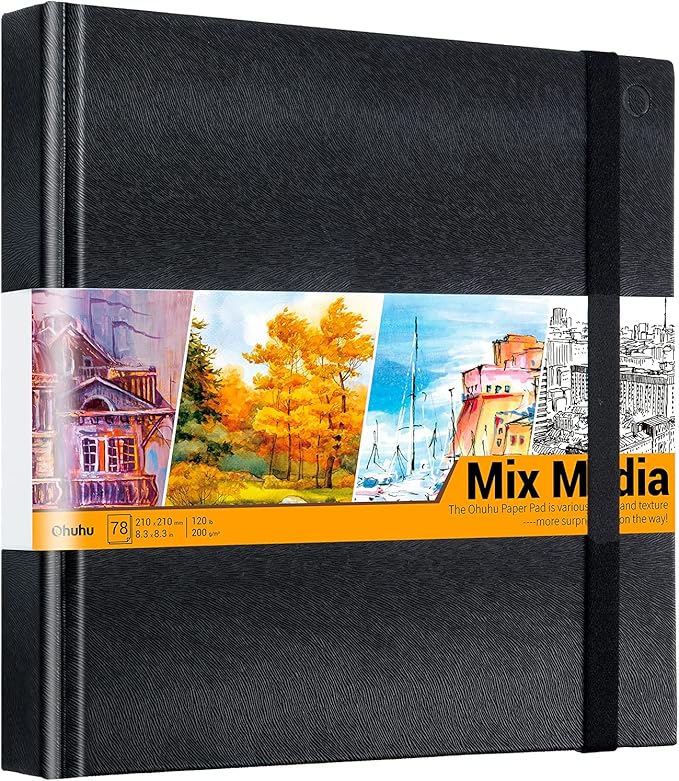 Ohuhu Mix Media Pad - 8.3"x8.3" Mixed Media Art Sketchbook, 120 lb/200 gsm Heavyweight Papers, 78 Sheets/156 Pages, PU Hardcover Mixed Media Paper Pad for Acrylic Painting Christmas Gift