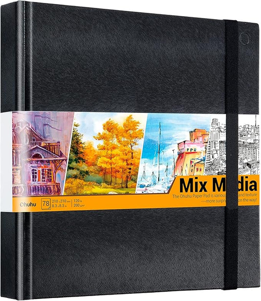 Ohuhu Mix Media Pad - 8.3"x8.3" Mixed Media Art Sketchbook, 120 lb/200 gsm Heavyweight Papers, 78 Sheets/156 Pages, PU Hardcover Mixed Media Paper Pad for Acrylic Painting Christmas Gift