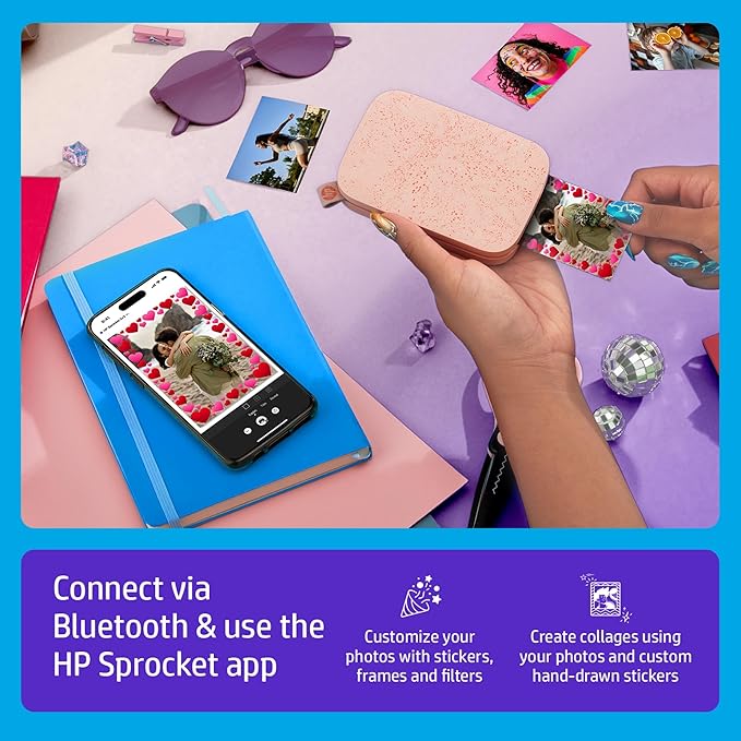 HP Sprocket Portable 2x3 Instant Photo Printer (Blush Pink) Print Pictures on Zink Sticky-Backed Paper from Your iOS & Android Device.