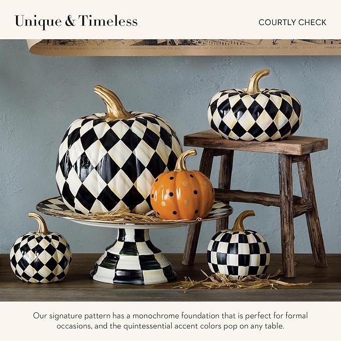 MACKENZIE-CHILDS Small Decorative Pumpkin for Fall Decor, Autumn Decorations for Home, Black-and-White Courtly Check