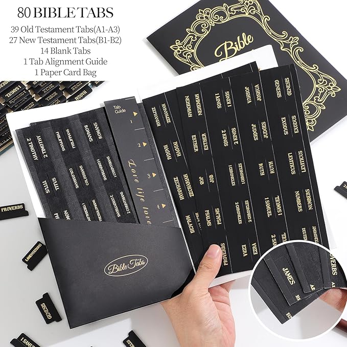 Leather Bible Tabs, Bible Tabs for Women and Men(Gold Foil Lettering) Large Print Stickers, Easy to Read and Apply, 66 Chapters & 14 Blank DIY Labels for Easy Navigation, Christian Accessories(Black)