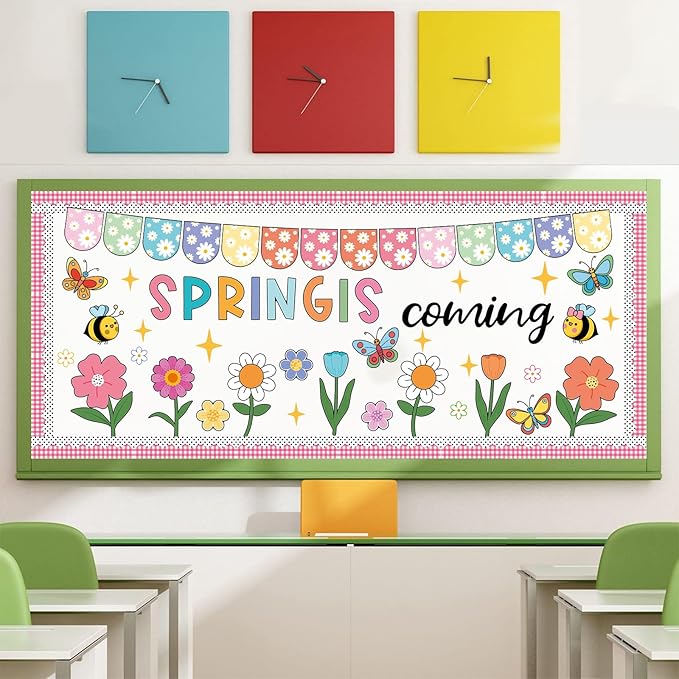 61 Pcs Spring Bulletin Board Decorations - Spring is Coming Cutouts Flower Butterfly Bird Bee Bulletin Board Border for School Classroom Home Décor