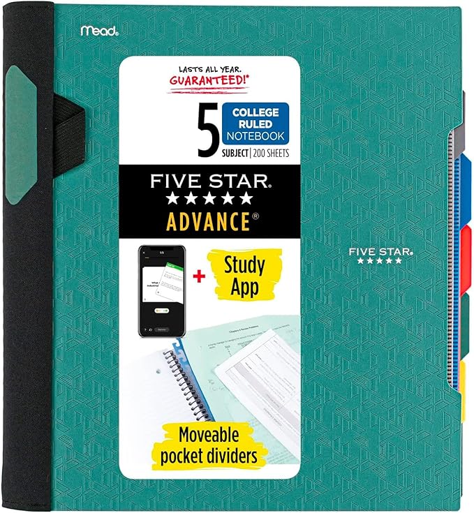 Five Star Advance Spiral Notebook + Study App, 5 Subject, College Ruled Paper, 8-1/2" x 11", 200 Sheets, Spiral Guard, Movable Tabbed Dividers, Seaglass Green (73148)