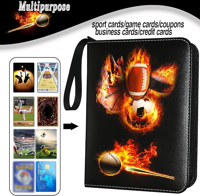 Sports Card Binder 900 Pockets, Trading Card Binder 9 Pocket with 50 Sleeves Fits 900 Sport Cards, Sports Card Holder with Zipper, Football Baseball Basketball Hockey Card Collection Storage Album