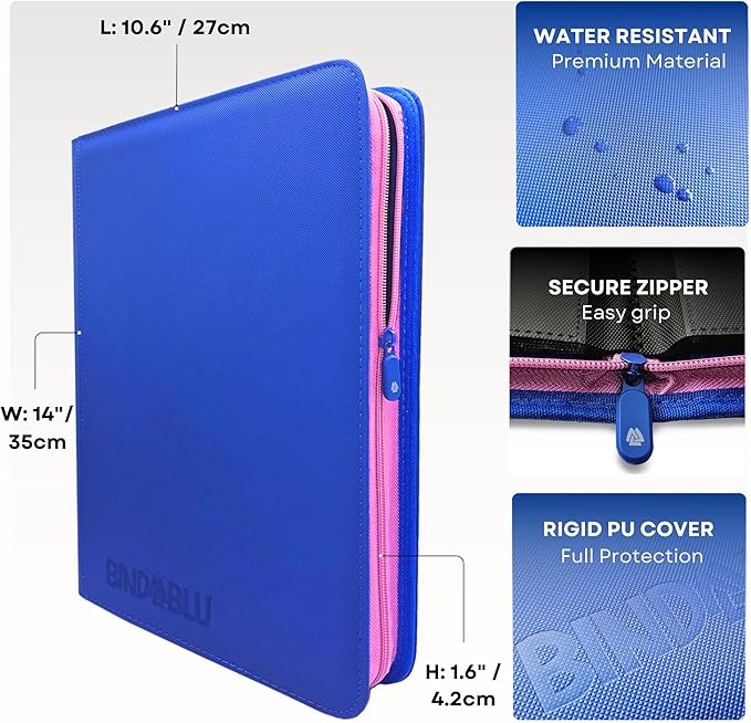 9 Pocket Trading Card Zip Binder - 360 Side Loading Pocket Binder for Colletible Games, Sport, TCG - Trading Card Binder - Gift Card holder for Boys and Girls - Blue card binder