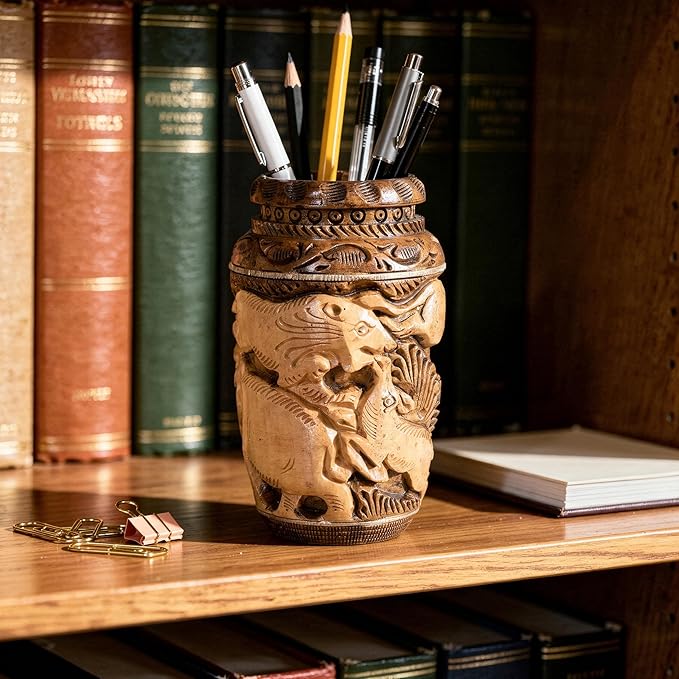 Craft Trade Hand Carved Wood Pen Holder for Desk Organizer for Home School Office Supplies Pencil Cup Pot Storage Box Suitable for Stationery - Vintage Wood