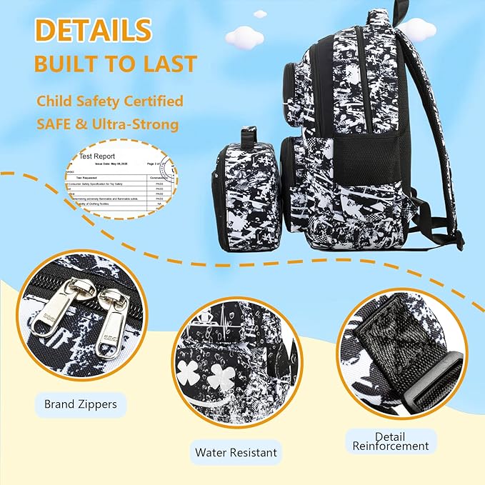 Boys Backpack with Lunch Box Glow in Dark Kids Ages 4-12 Kindergarten Elementary Middle School Teens Bookbag Mochilas Para Niños, Luminous Face Black White