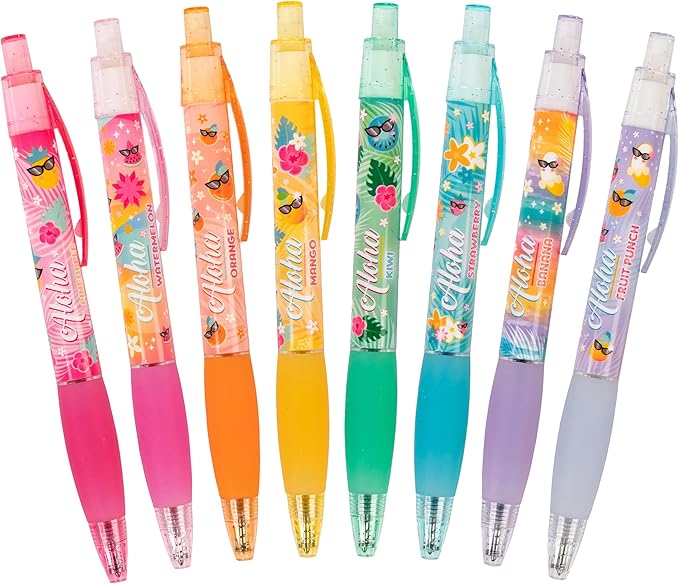 Glitter Gel Smens (2 Pack) - Aloha Unicorn Scented Pens, Colored Glitter Gel Ink, Medium Point, 8 Count