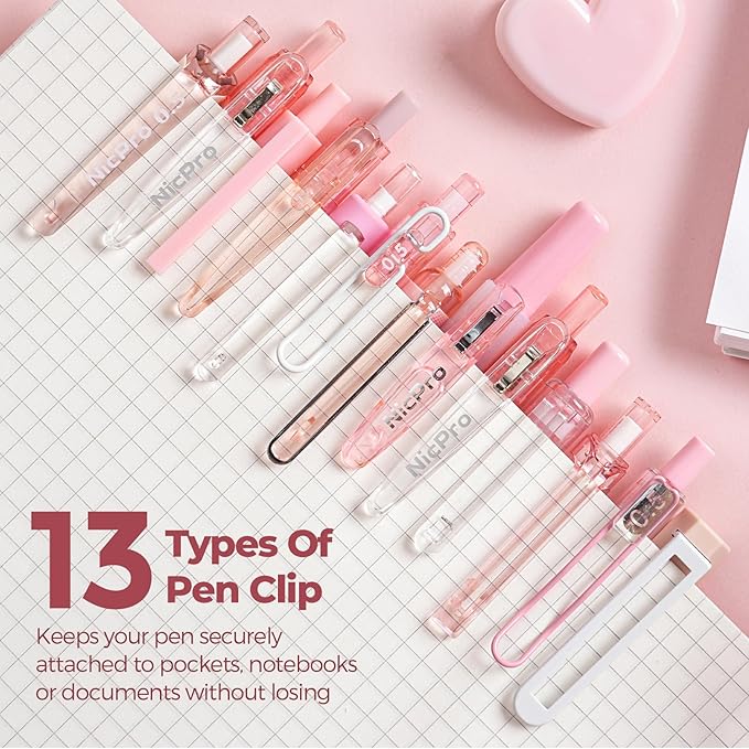 Nicpro 13 Pack Pink Gel Pens Set, Fine Tip Black Ink Pen with 1 Highlighter, Cute Pen for Journaling, Back to School Office Supplies for Teacher Student Gift, Pink Desk Accessories for Girl Stationery