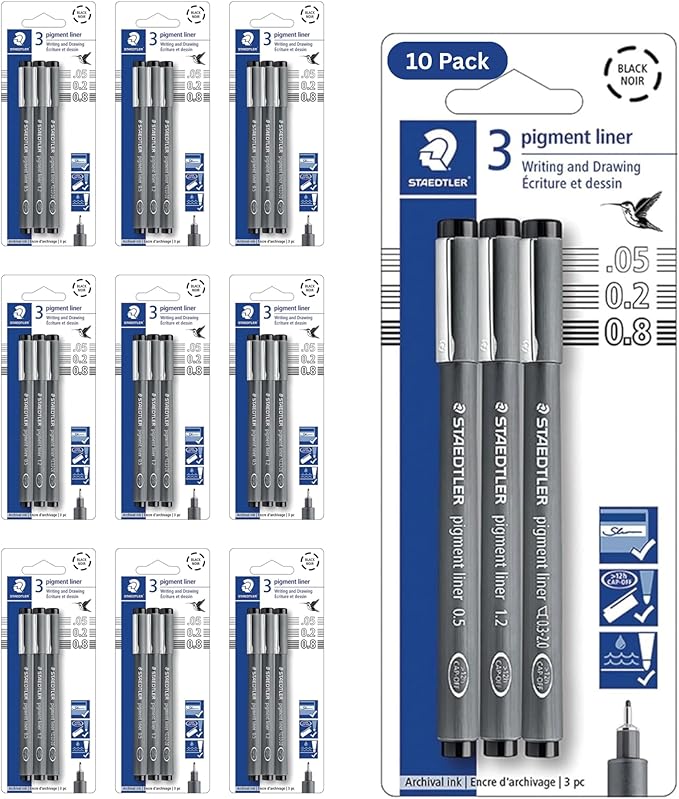 STAEDTLER Pigment Liner 10-Pack (10 sets of 3 pcs), Black, 3 Pens, Assorted Line Widths 0.05mm/0.2mm/0.8mm, 308-9SBK3, 30 Count