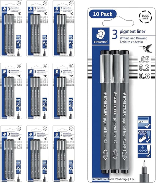 STAEDTLER Pigment Liner 10-Pack (10 sets of 3 pcs), Black, 3 Pens, Assorted Line Widths 0.05mm/0.2mm/0.8mm, 308-9SBK3, 30 Count