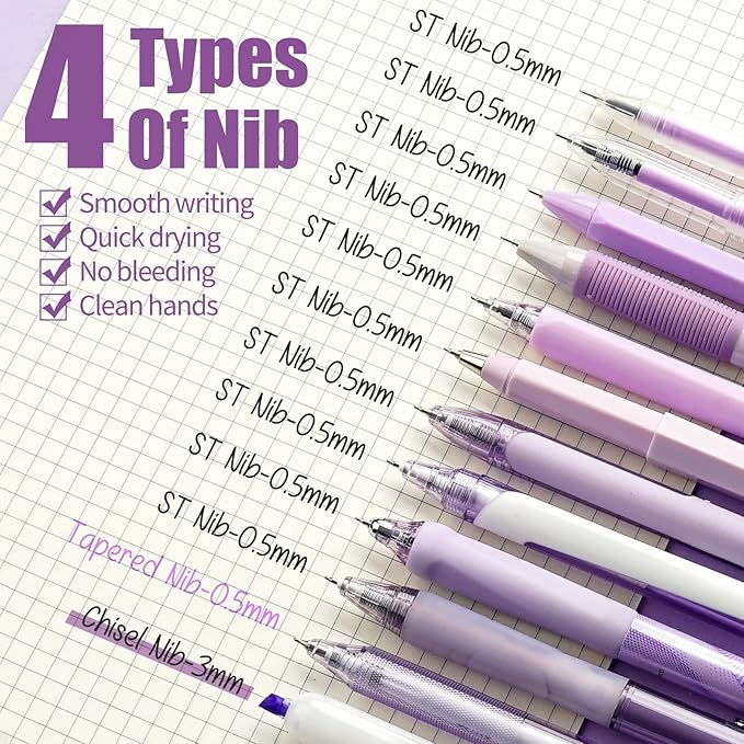 Four Candies Lavender Series Gel Pens, Black & Purple Ink Writing Pens with 0.5 mm Smooth Fine Point, School Office Stationery Supplies Desk Accessories Gifts for Women, Set of 12