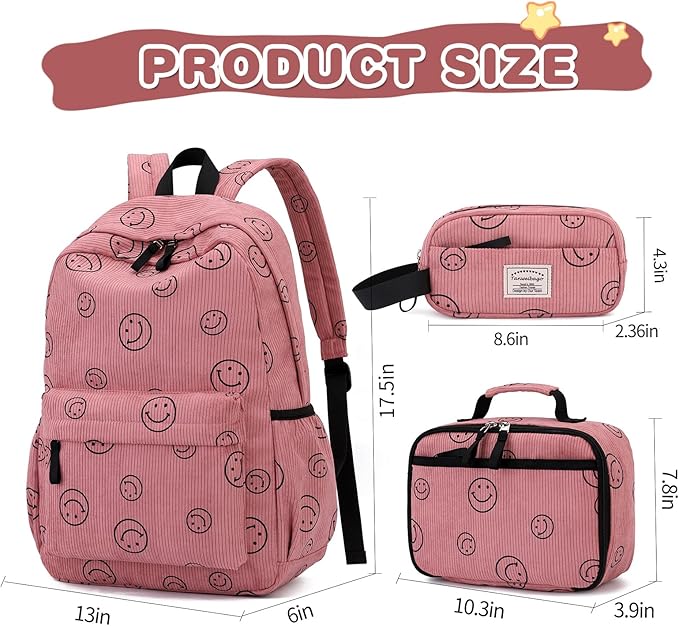 Backpack for Girls Boy Teen Corduroy Bookbags Elementary Middle High School Women Laptop Bag with Lunch Box Pencil Bag (Smile Pink)