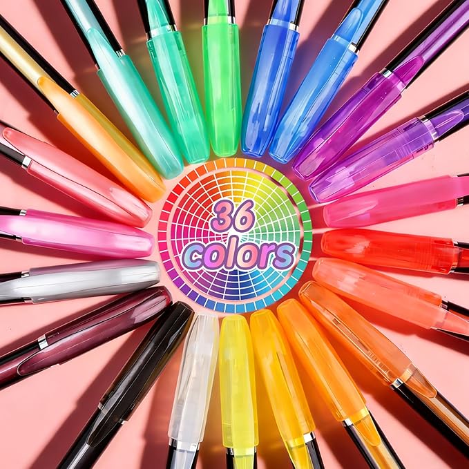 36 Colors Gel Pens Gel Pen Set for Adult Coloring, Metallic Glitter Pens & Gel Ink Pens for Journaling, Drawing, Cute Journal Pens Colored Gel Pens for Black Paper Writing