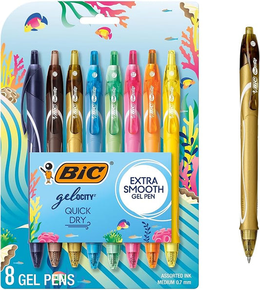 BIC Gelocity Quick Dry Ocean Themed Gel Pens, Medium Point (0.7mm), 8-Count Gel Pen Set, Colored Gel Pens for Note Taking and Journaling