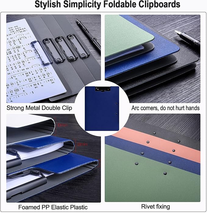 2 Pack Foldable Clipboards, A4 Office Clipboard Folder with Double Metal Clips, 360 Degree Foldable Binder Clipboard with Pen Holder, File Cover Work Folder Clipboards, White Blue