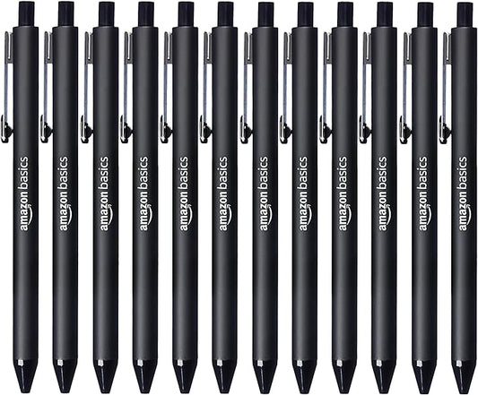 Amazon Basics Retractable Ballpoint Pens with Comfortable Grip for Smooth Writing, Black, Note-Taking, Office and School Supplies, 12-Pack
