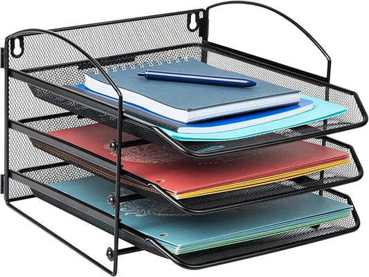 Mind Reader 3-Tier Paper Tray, File Storage, Desktop Organizer, Wall Mountable, File Organization, Metal Mesh, Black