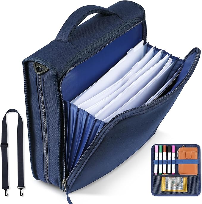 2 Inch 3 Ring Zipper Binder with Multi-Pocket, 6-Tab Expandable File Folder, Fits 14” Laptop, Zipper Bag Fits 500 Sheet Capacity with Handle & Shoulder Strap(Blue)