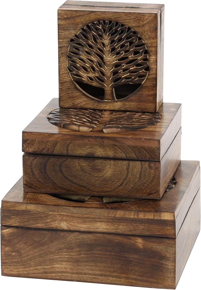 Deco 79 Wood Tree Handmade Decorative Box Decorative Keepsake Boxes with Hinged Lid, Set of 3 Storage Boxes, Brown
