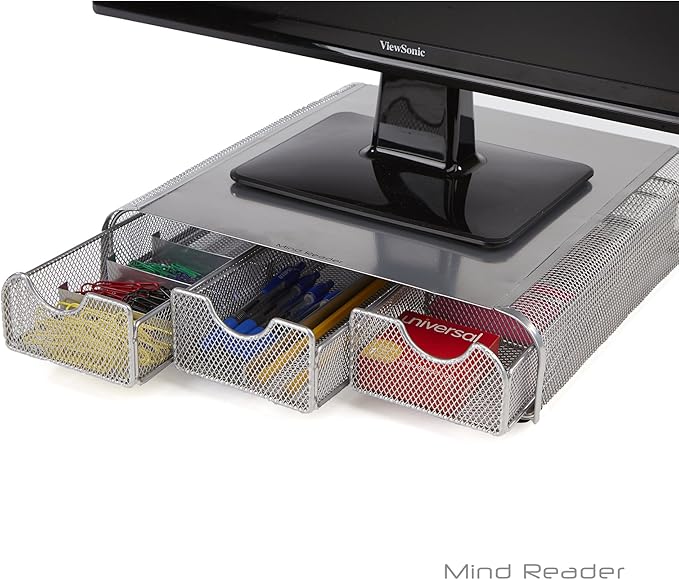 Mind Reader Perch Monitor Stand Desk Organizer, Silver Metal Mesh (Pack of 2)