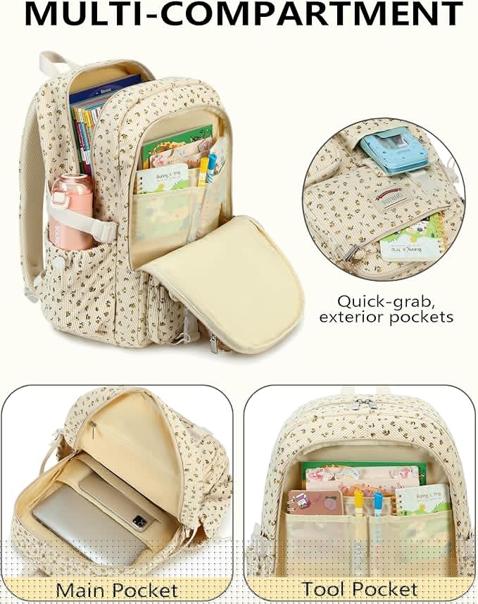 School Backpack Set for Teens Girls Women 3PCS Corduroy Lightweigh Laptop Backpacks with Lunch Box Pencil Kids Elementary Middle High Bags Students 3 in1 Bookbag Travel Daypack, Floral