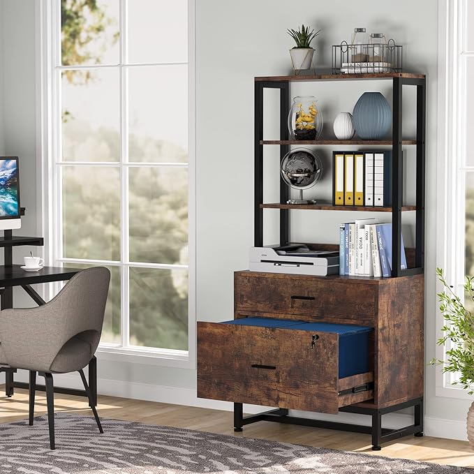 Tribesigns 2 Drawer Vertical File Cabinet with Lock & Bookshelf (Set of 2), Letter Size Large Modern Filing Cabinet Printer Stand with Open Storage Shelves for Home Office, Dark Brown