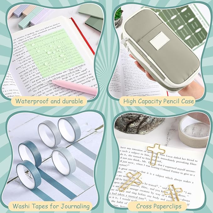 137 Pcs Bible Study Supplies Journaling Kit 1 Pencil Case 12 Highlighters 4 Sticky Notes 6 Gel Pens 35 Paper Clips 3 Tapes 1 Markers 75 Tabs for Christmas Bible School Gifts(Sage Green)