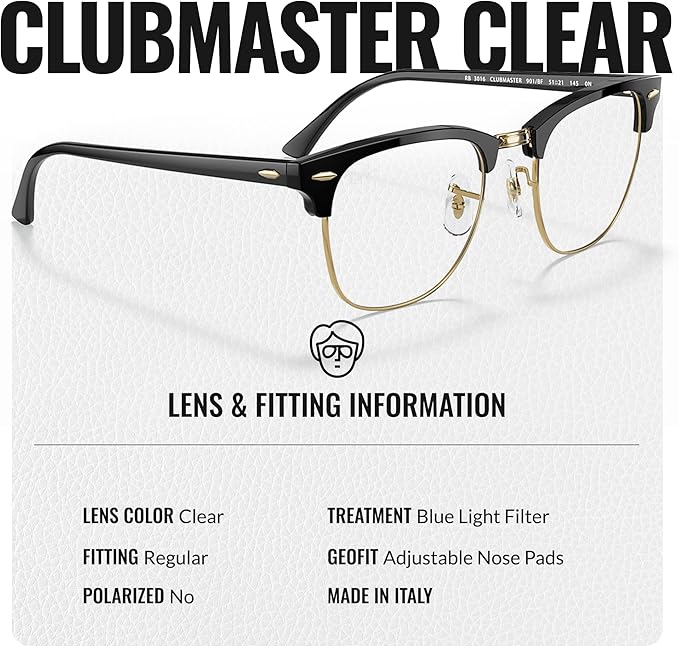 Ray-Ban RB3016 CLUBMASTER BLUE-VIOLET LIGHT CLEAR Square Shaped Sunglasses for Men & Women with Official RAYBAN Eyewear Kit