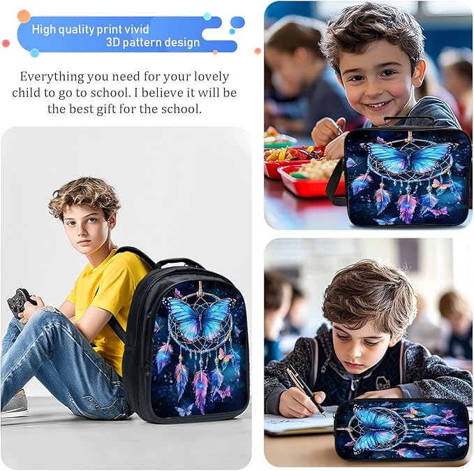 Butterfly Backpack Set 3 Piece School Bags and Lunch Box with Pencil Case Blue Butterfly Dream Catcher Bookbag Set for Toddler Kids Girls Boys Teens Kindergarten Elementary Middle