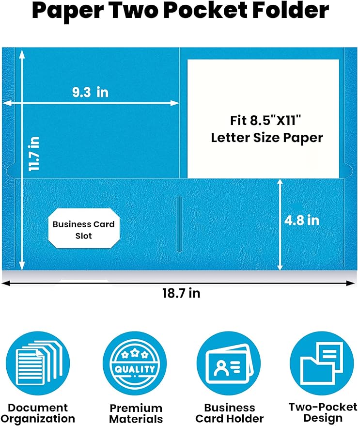 SUNEE Folders with Pockets(25 Pack, Blue), 2 Pocket Folders Fit Letter Size Paper, Paper File Folder for School Office Home Business