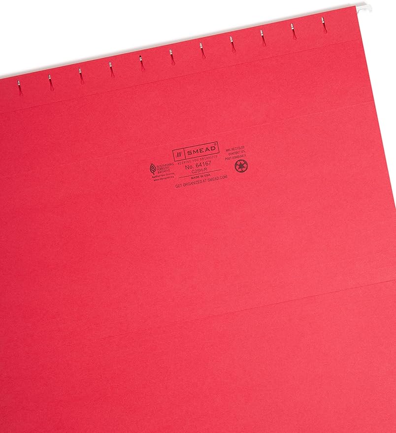 Smead Hanging File Folder with Tab, 1/5-Cut Adjustable Tab, Legal Size, Red, 25 per Box (64167)