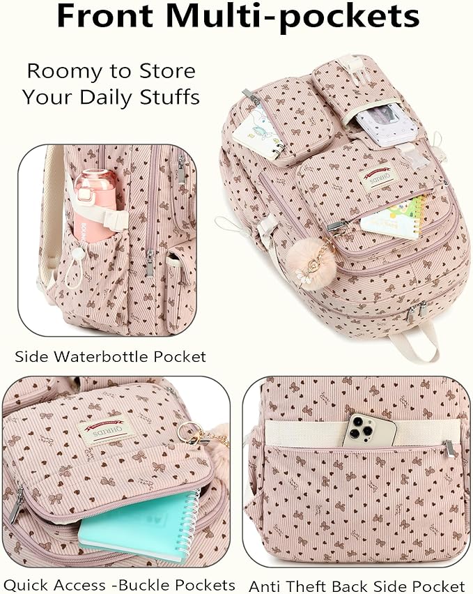 School Backpack Set for Teens Girls Women 3PCS Corduroy Lightweigh Laptop Backpacks with Lunch Box Pencil Kids Elementary Middle High Bags Students 3 in1 Bookbag Travel Daypack, Pink Bowknot