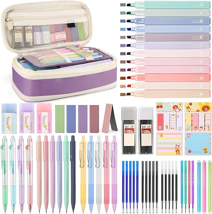 62PCS Aesthetic Stationery Set with Pencil Case, No Bleed Highlighters, Gel & Erasable Pens, Mechanical Pencils, Refills, Cute Supplies for Note Taking, Journaling & Bible Study, Purple