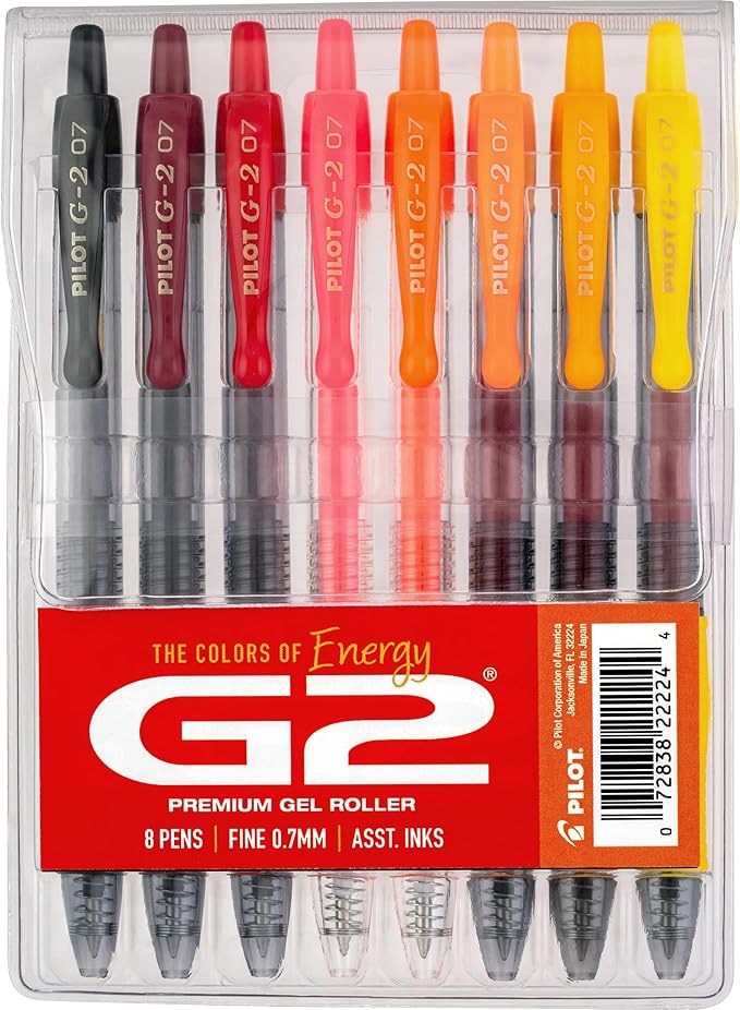 Pilot, G2 Premium Gel Roller Pens, G2 Boost Red/Orange Pack, The Colors of Energy, 8 Pack Pouch, Fine Point 0.7 mm, Assorted