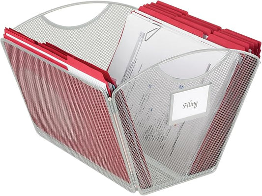 Safco Onyx Mesh Letter-Size Desktop Tub Filer, Durable Steel Mesh Construction, Collapsible For Compact Storage, Integrated Handles, Silver