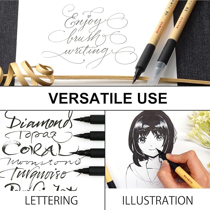 Kuretake Bimoji Brush Pen, 5 pcs set, brush tip marking fude brush pen, for Calligraphy, lettering, illustration, Professional, Made in Japan