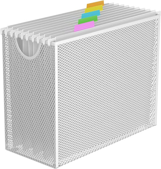 Hanging File Organizer, Letter-Size File Holder Filing Box with 5 Hanging Folders, Metal Mesh Desk File Folder Storage(No Assembly Required) (White, with 5 Grey Folders)