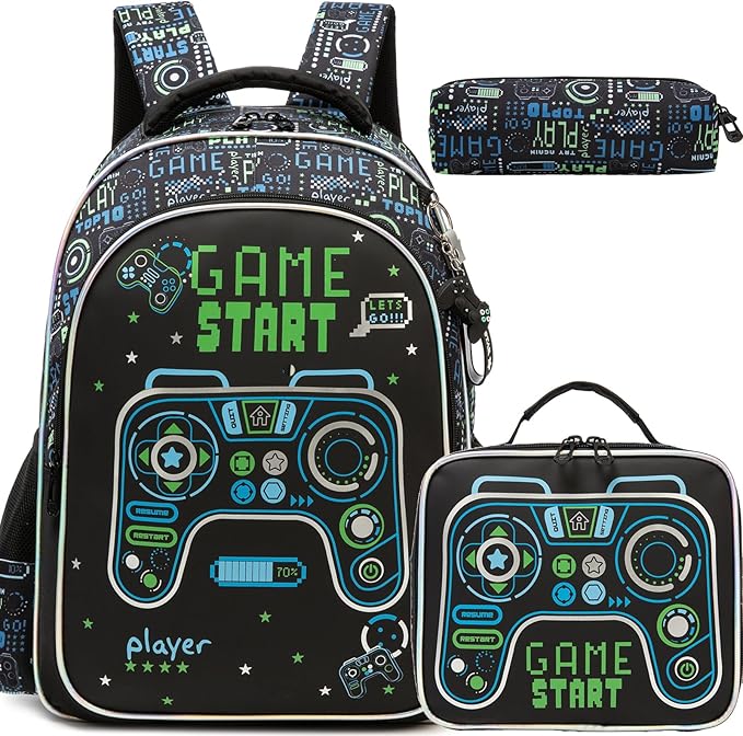 Game School Backpack for Boys Backpacks Ages 8-10 with Lunch Box Set Black Bookbag for Boys Backpack for Kids Backpacks Lightweight Elementary Back to School Supplies Kit