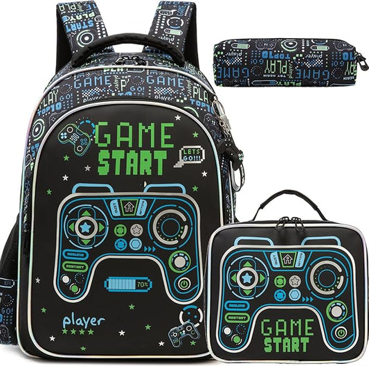 Game School Backpack for Boys Backpacks Ages 8-10 with Lunch Box Set Black Bookbag for Boys Backpack for Kids Backpacks Lightweight Elementary Back to School Supplies Kit