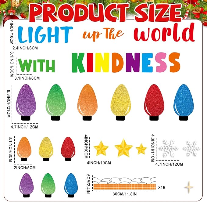 Christmas Light Bulbs Bulletin Board Decoration Set Xmas Kindness Bulletin Board Set Winter Colorful Bright Bulb Paper Cutouts for Classroom School Home Chalkboard Wall Holiday Party Decor Supplies