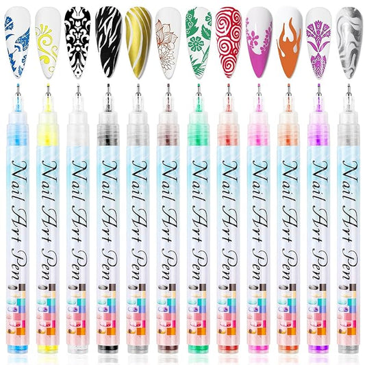 12 Colors Nail Art Pens Set, Nail Art Markers for 3D Nail Art, Nail Art Pens for Painting Nails Art Marker Drawing Painting Liner, Nail Polish Pens for DIY Nail Art Beauty Adorn Manicure Tools(1 Set)