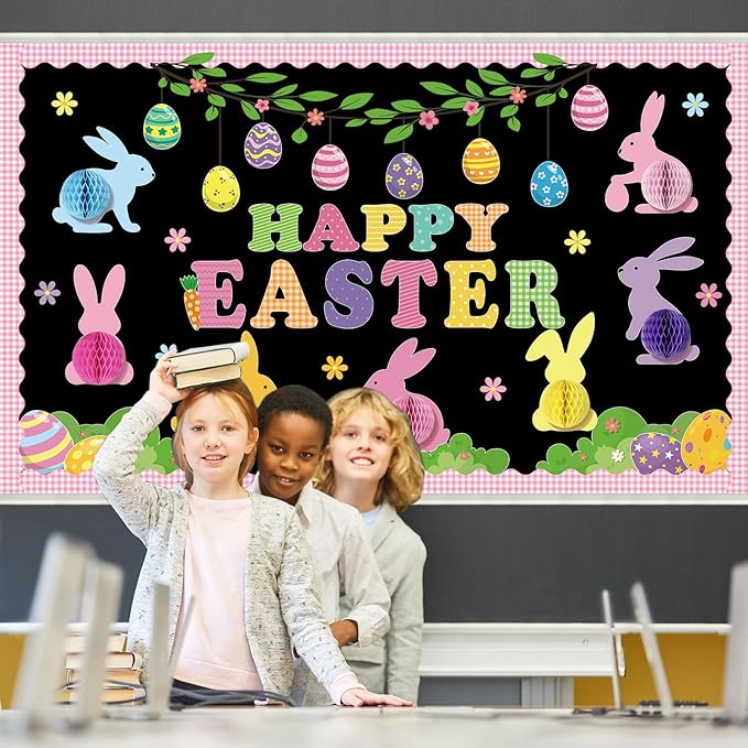 Pajean Happy Easter Bulletin Board Set 3D Honeycomb Classroom Decoration Easter Bunny Egg Cutouts Spring Bulletin Board Classroom DIY Craft Kit for Party School Chalkboard Home Door Wall Window
