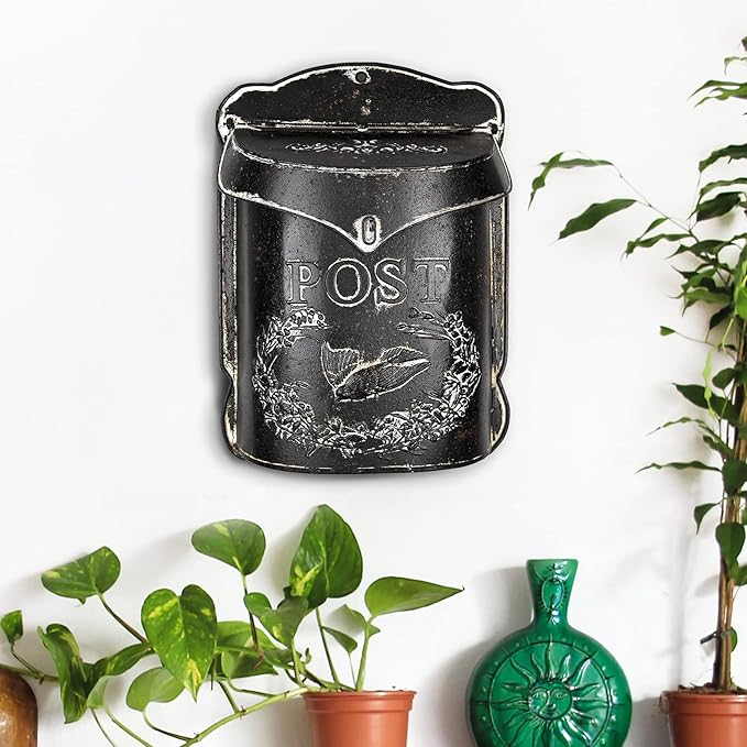 Creative Co-Op Black Embossed Tin Post Letter Box