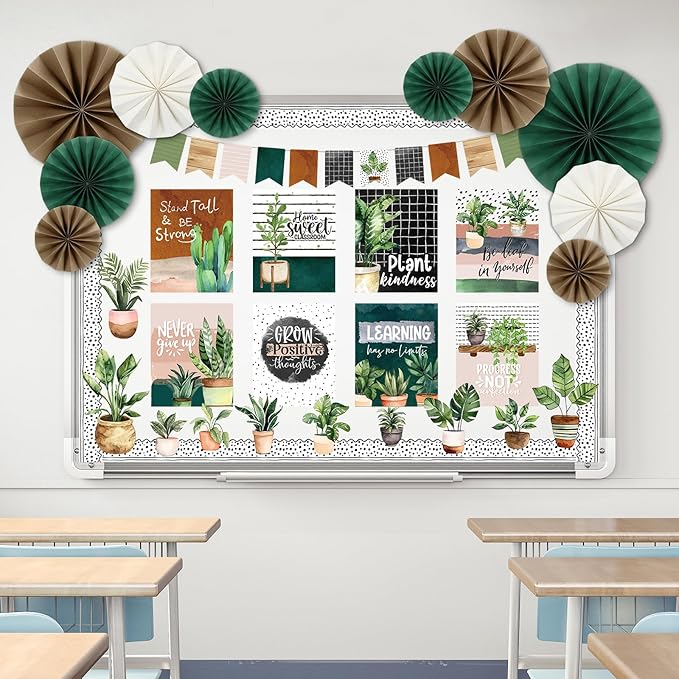 Pajean 62 Pcs Boho Plant Classroom Bulletin Board Decorations with 3D Paper Fans Inspirational Posters Cutouts Greenery Positive Motivational Bulletin Board Set for School Classroom Home Decorations
