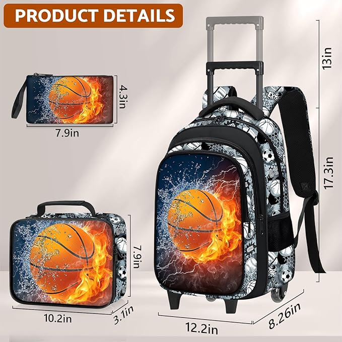 Basketball Rolling Backpack for Boys - 3PCS Boys Rolling Backpack with Lunch Box Set for Kids Children Teens Elementary Middle School,Sport Roller Bookbag with Wheels for Age 6-18
