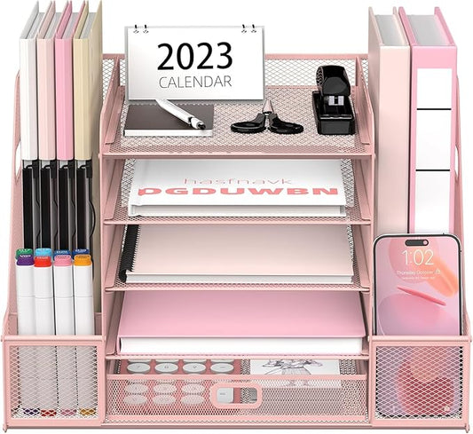 SUPEASY Mesh Desk Organizer with File Holder, 5-Tier Paper Letter Tray Organizer with Magazine Holder, Desktop Organizer and Storage with Drawer for Office Supplies Home or School (2Pack-Pink)